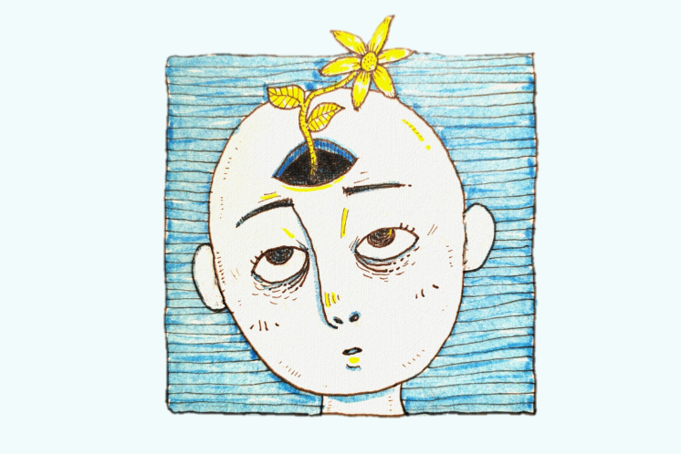 Fatigue cartoon with a tired head with a flower coming out of the brain