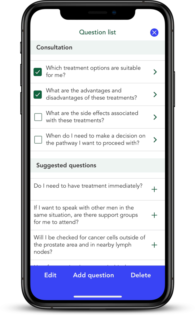 iPhone Mockup showing a list of OWise suggested questions that may be used for a prostate cancer diagnosis
