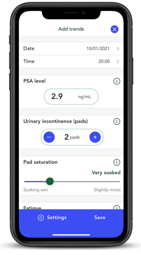 iPhone mockup of adding trends in the OWise app, highlighting PSA level, urinary incontinence (pads) and pad saturation.