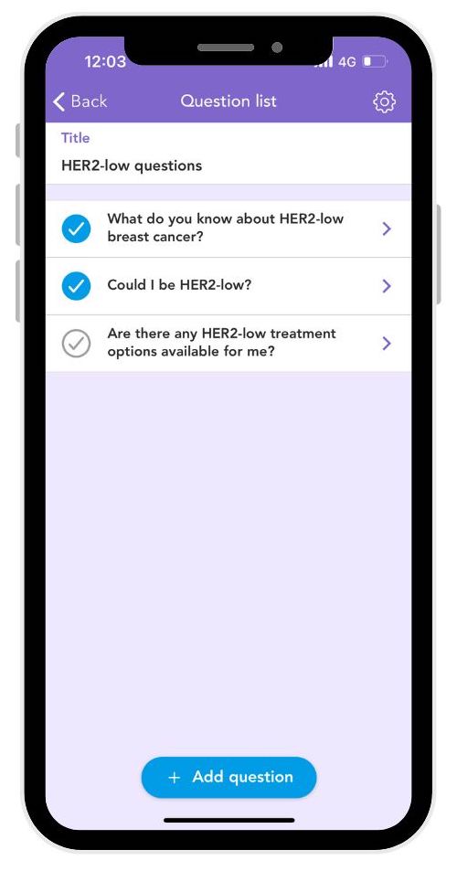 Image of a mobile phone screen displaying the OWise breast cancer app. On the screen the image shows how the OWise breast cancer app can be used to track symptoms and side effects.