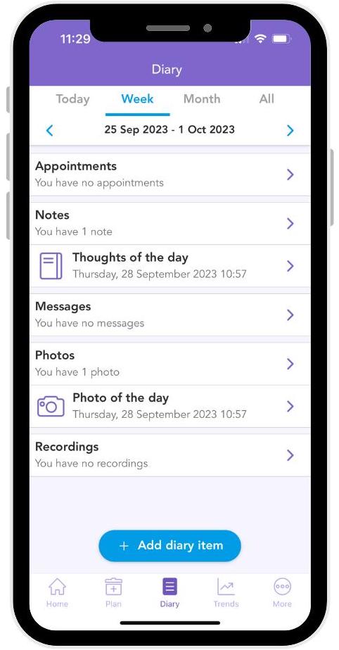 Image of a mobile phone screen displaying the OWise breast cancer app. On the screen the image shows how the OWise breast cancer app can be used to journal through using the diary notes and photo features